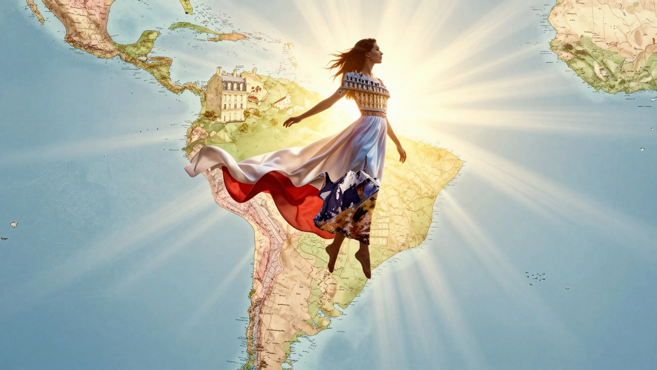 A surreal floating figure blending French fashion and South American landscapes, symbolizing cultural connection and personal liberation.