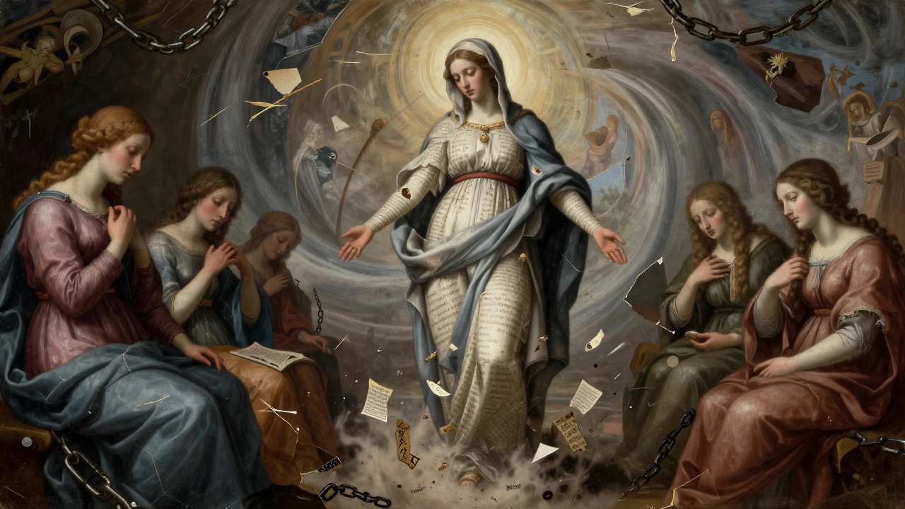 A symbolic figure of Mary Magdalene rising from shattered paintings, chains dissolving around her.