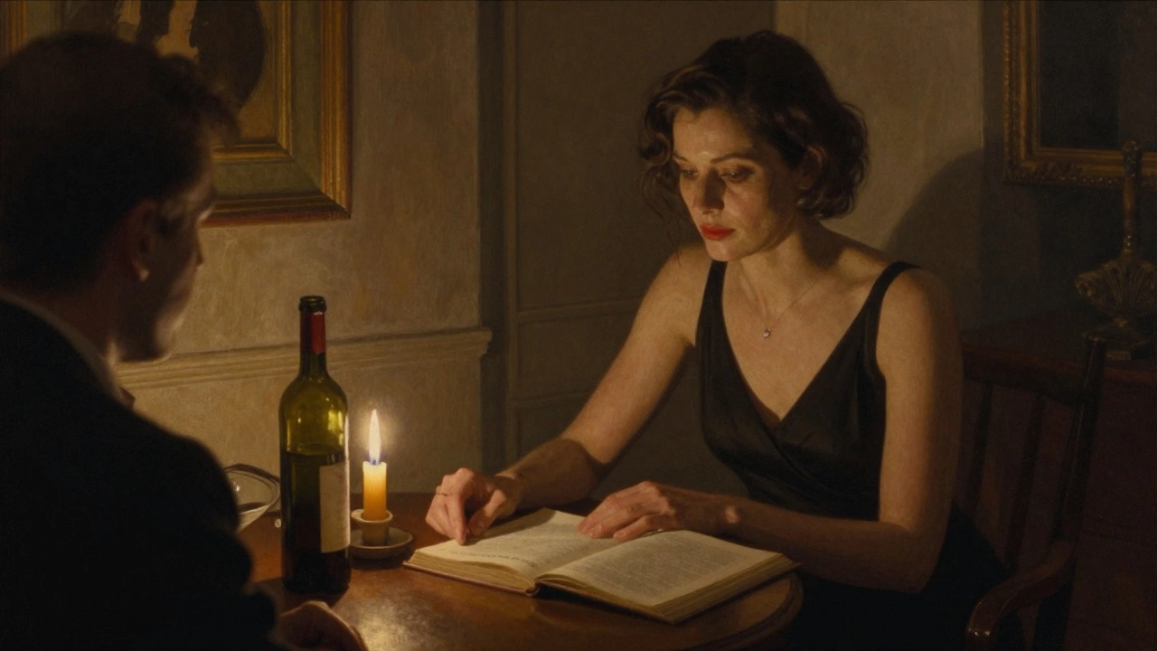 An intimate evening scene in Montevideo with a French woman and client sharing wine and quiet conversation under candlelight.