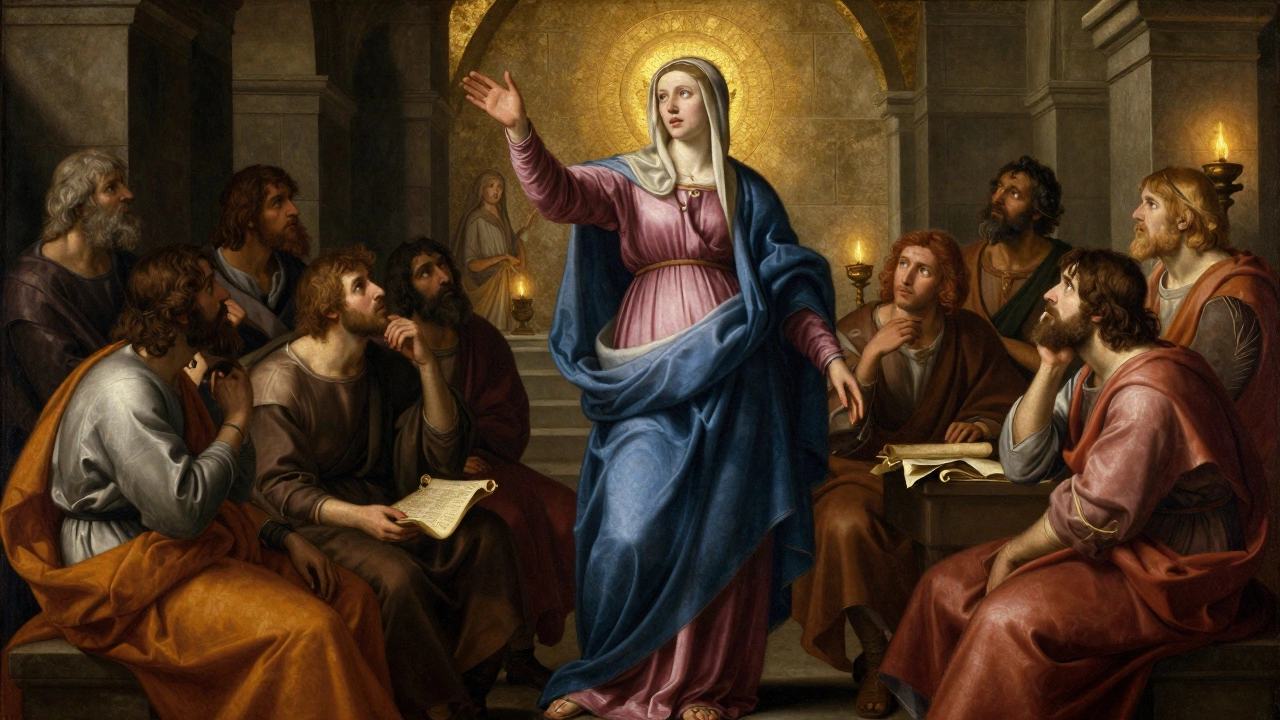 Mary Magdalene teaching apostles in a stone chamber, pointing to the heavens with conviction.